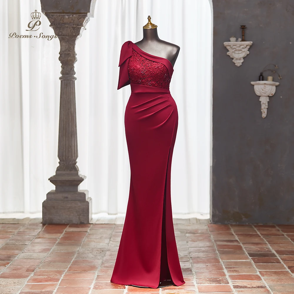 Graceful One-Shoulder Evening Dress with Lace Bodice and Side Slit Perfect for Weddings and Special Events vestidos de noche