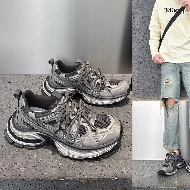 

Men's Casual Sport Shoes Breathable Leather Thick Bottom Outdoor Leisure Rubber Sole round Head Fashionable Dad Shoes