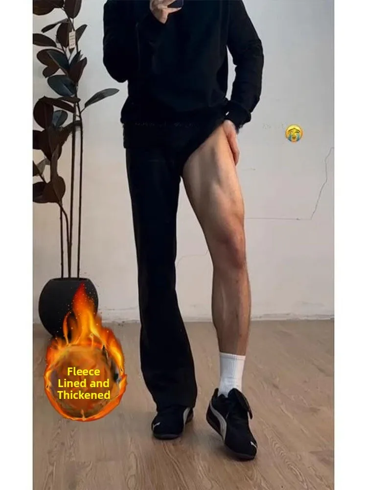 

Bla Trousers Men's Autumn Winter Fce Lined Woolen Knife Straight Leg Casual Pants High Waist Flared Long Trousers