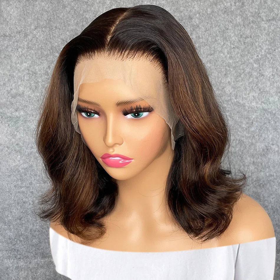 Perruque Bob Lace Front Wig sans colle pour femmes noires, perruque Bob courte, balayage de vague de corps, cheveux de bébé, préplumée, douce, densité 180, marron, blonde