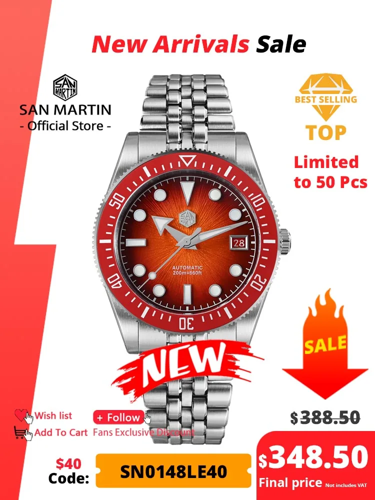 

San Martin 37.5-40mm Limited Edition Red JianZhan Enamel Sunburst Dial Men's Diver Watch Miyota 9015 Automatic Mechanical SN0148
