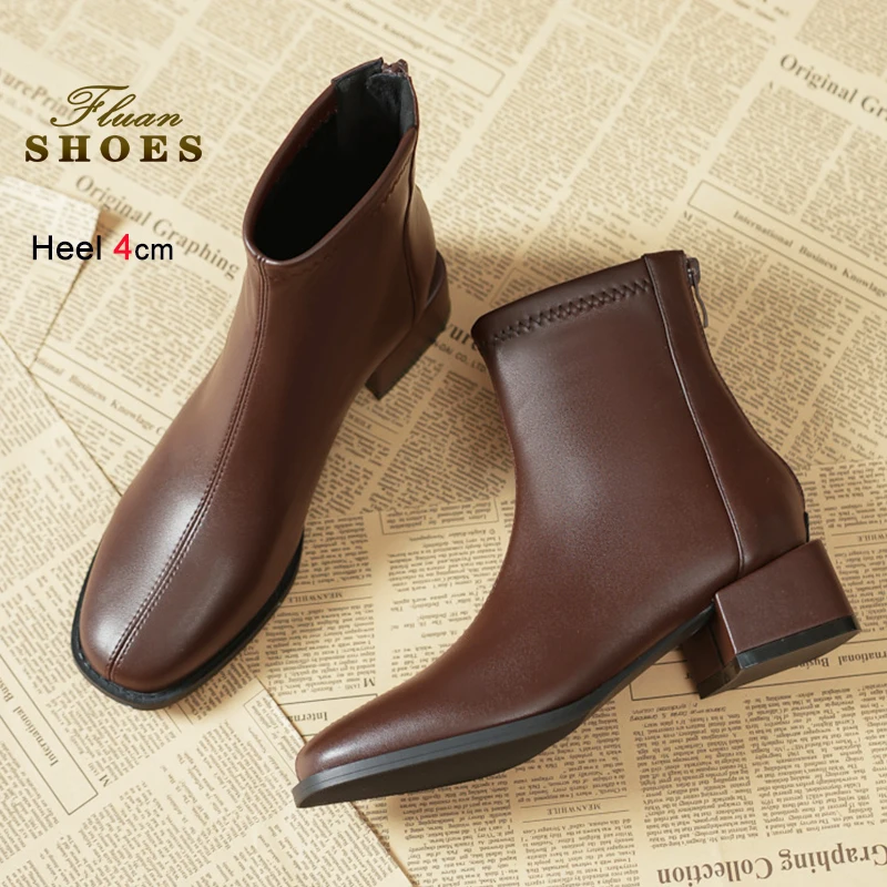 

Женские ботинки на квадратном каблуке 4 см, весна-осень, короткие ботильоны, коричневые, из искусственной кожи, с молнией сзади, повседневные.