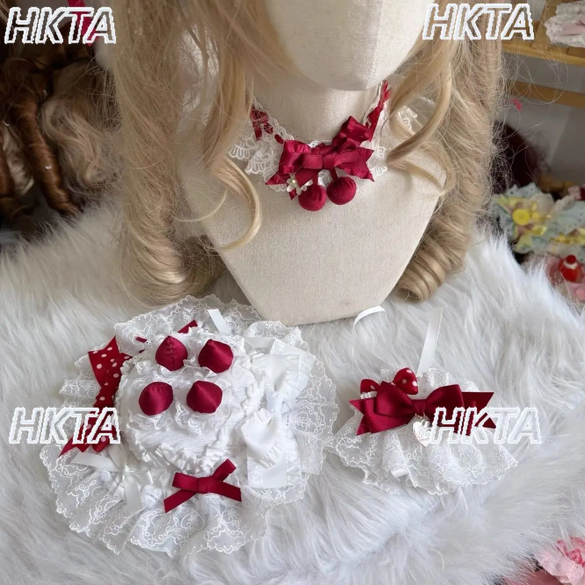 Japanese Sweet Lolita Strawberry Cake Hat Edge Clips Cute Kawaii Lace Polka Dot Bow Headpieces Hair Clip DIY Accessories Women