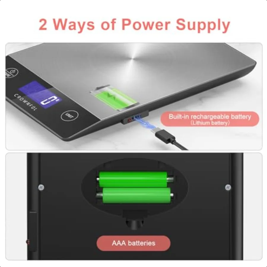 Food Scale Rechargeable 304 Stainl Steel Digital Kitchen Scale Upto 33lb Weight Grams and Ounces with LCD Display and TypeC Cha