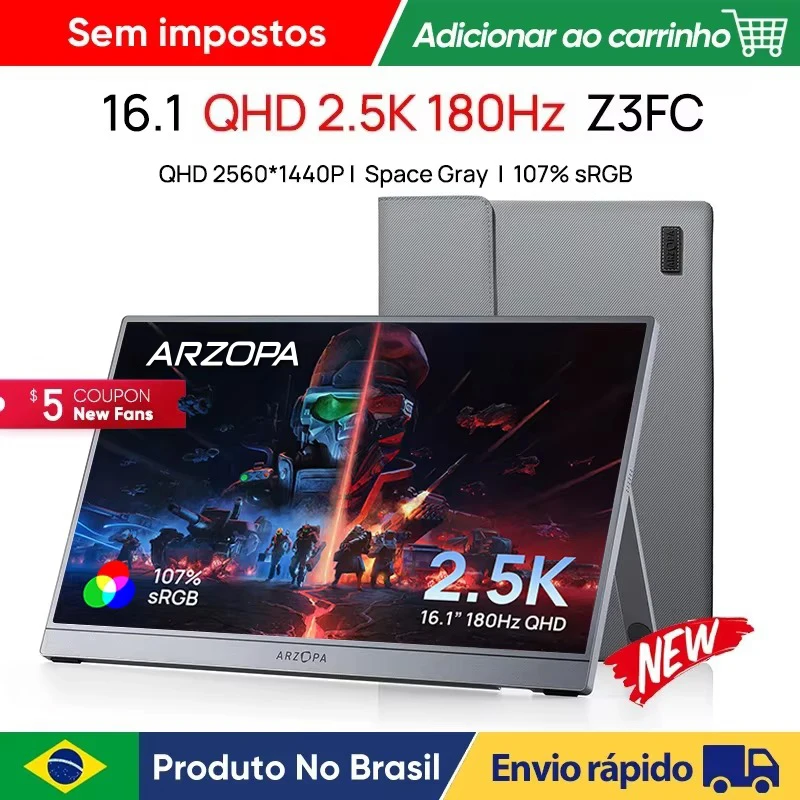 [NOVO] Monitor Portátil ARZOPA de 16,1 Polegadas 2.5K 180Hz 2560x1440 16:9 107% SRGB 400cd/m2, Cinza Espacial, com Bolsa de Armazenamento, Z3FC