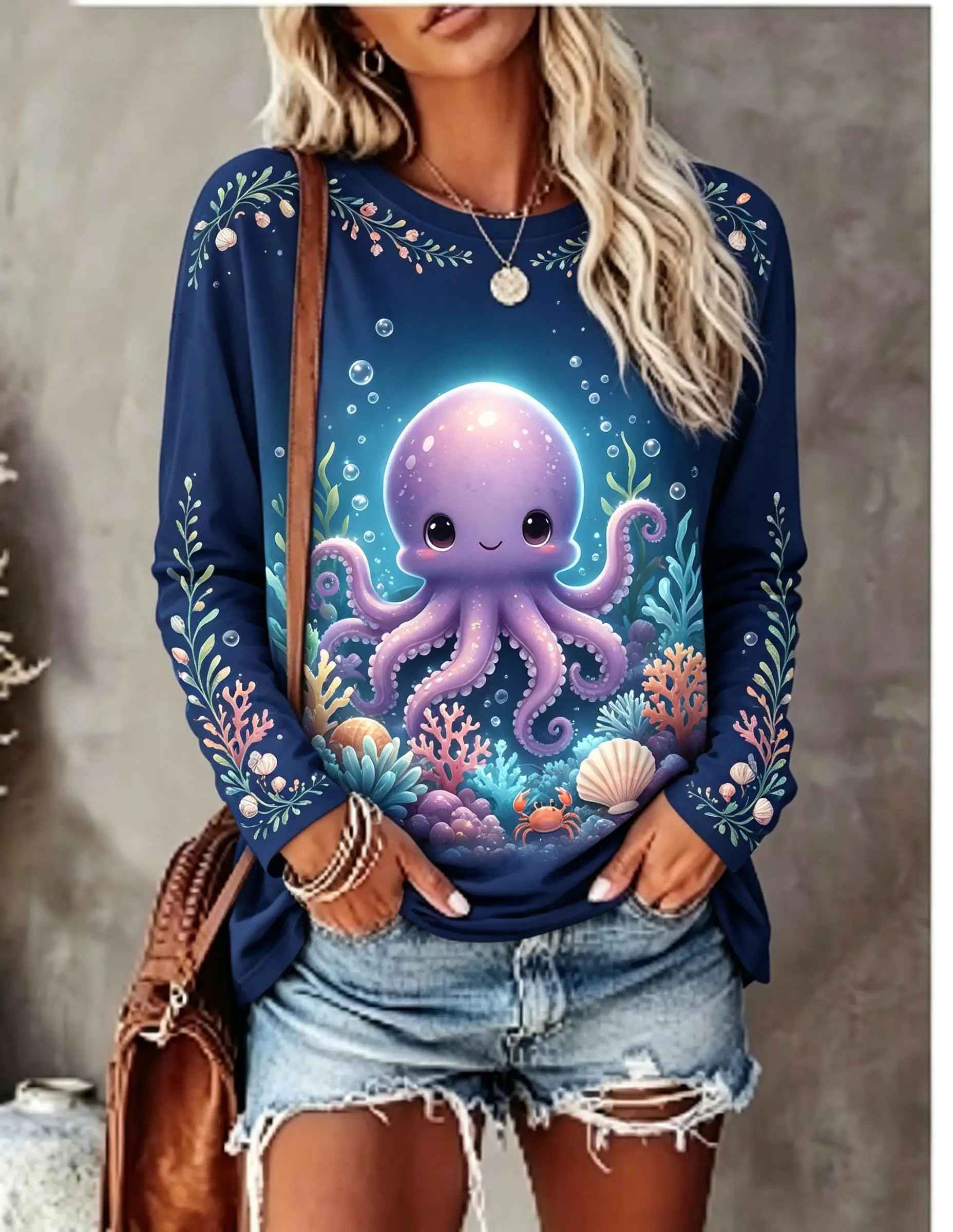 Women Long Sleeve T Shirt Cute Purple Octopus Underwater Coral Seashell Print Crew Neck Casual Fall Tops