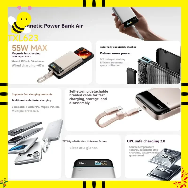 

CUKTECH 10 Магнитный внешний аккумулятор Air 55 Вт Максимальная быстрая зарядка 10000 мАч Портативный с TFT-экраном Цифровой дисплей Сертифицированный CCC