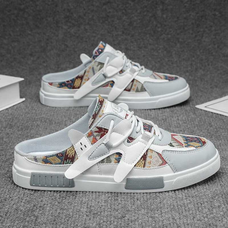 Big Size 47 Canvas Men Mule Slippers Backless Loafers Open-back Flat Sneakers Slide Sandals Breathable Slip On Skate Board Shoes