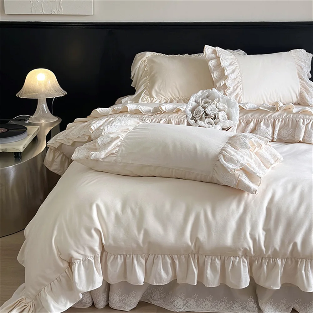 JC القطن الساتان المصقول الفرنسية الأميرة القطن تنورة السرير أربع قطع فتاة القطن الدانتيل غطاء لحاف الفراش