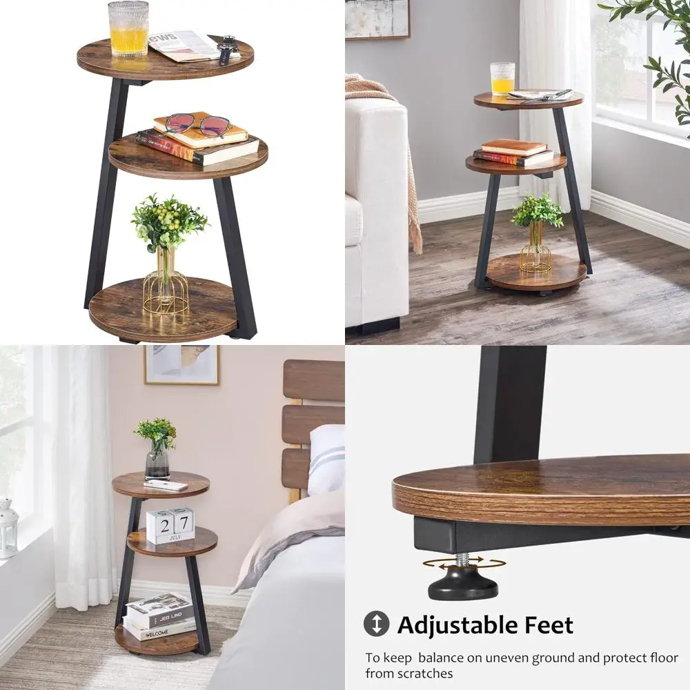 

Приставной столик с круглым металлическим каркасом и трехъярусными полками, акцентная тумбочка для прикроватной тумбочки или небольшого дивана
