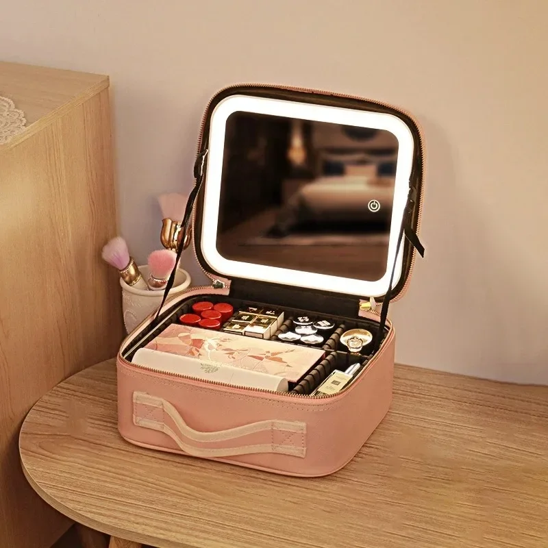 Large-capacity Cosmetic Bag with Light, Full-screen Mirror, Portable Travel Cosmetic Storage Bag Storage Box