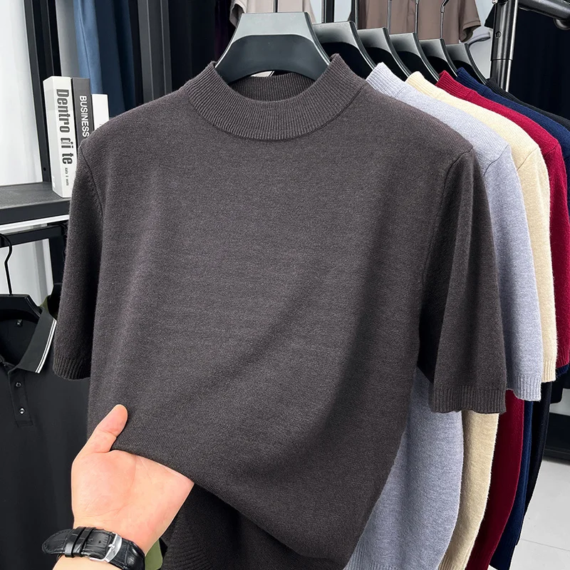 Herren Einfarbige Mock-Neck Kurzarm-Strick-T-Shirts Lässige Basis-Oberteile Weich Dehnbar Knitterfrei Für Alle Jahreszeiten Geeignet – Detail 12