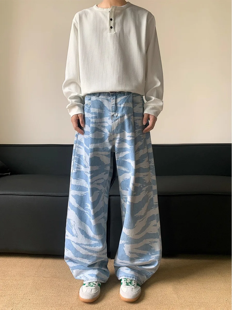 

Камуфляжные джинсовые брюки с американской талией, мужские и женские прямые брюки длиной до пола, широкий нож с волнистым узором