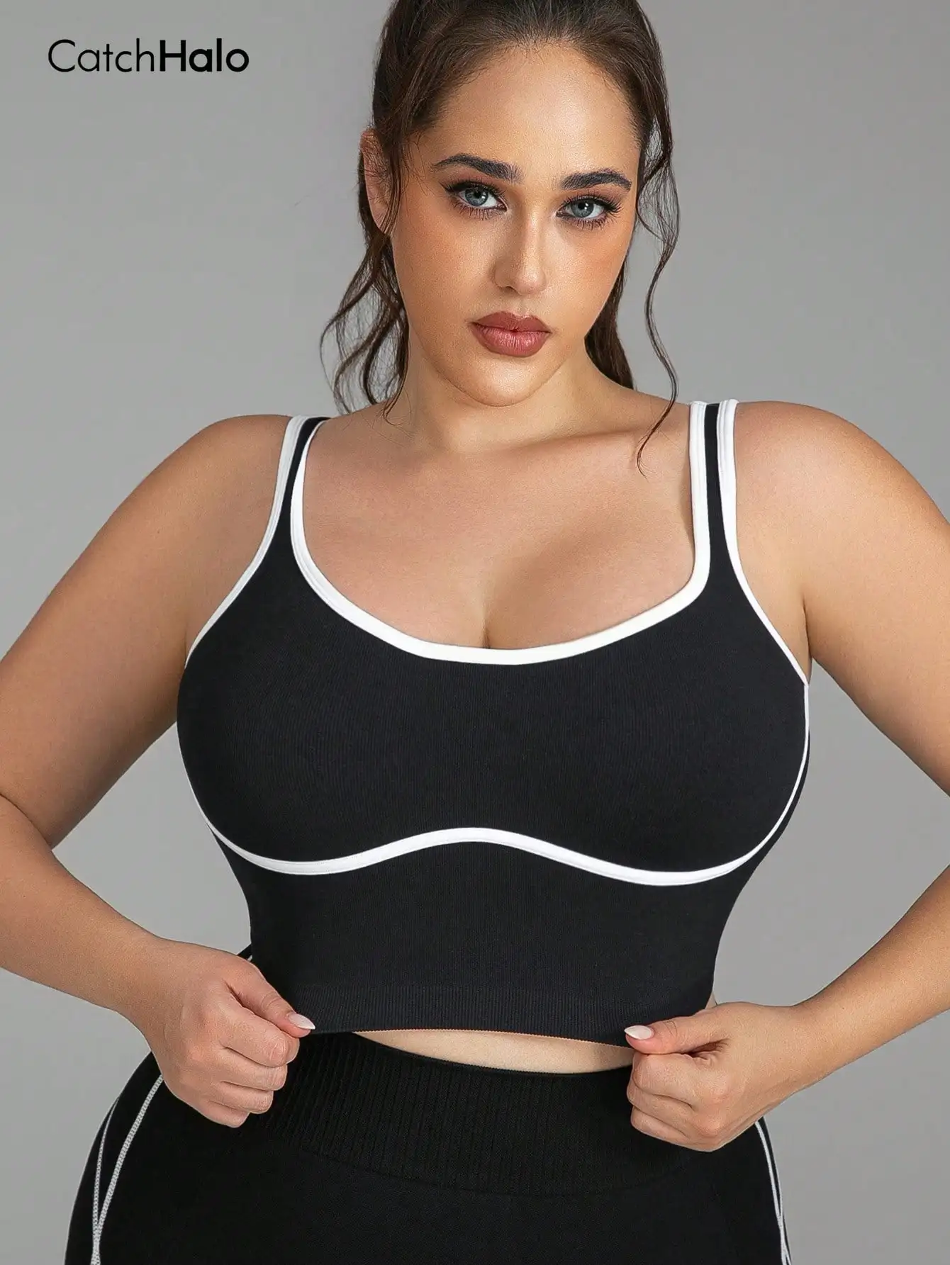 Women Plus Size Seamless Bralette Contrast Trim Ribbed Yoga Bra U-Back Breathable Fitness Gym Workout Crop Top view 3