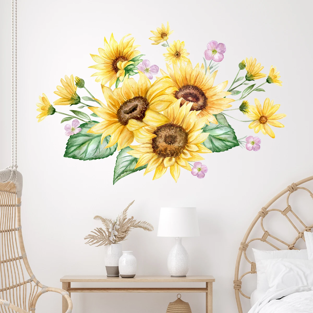 สีน้ําดอกทานตะวันที่มีสีสันผีเสื้อสติ๊กเกอร์ติดผนังสําหรับ Windows ห้องนั่งเล่นเด็กตกแต่งห้อง Wall Decals ตกแต่งห้องนอน
