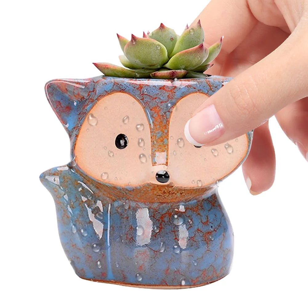 

Fox Ceramic Succulent Pot Cartoon Bonsai Pot Multi-Function Small Plant Holder with Drain Hole Succulent Planter for Home Office