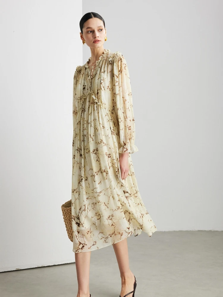 BirdTree, 100% Real Silk Printed Dress, Full Sleeve V-neck, Women Georgette Elegant Chic Dresses, 2026 Spring New D63713JF
