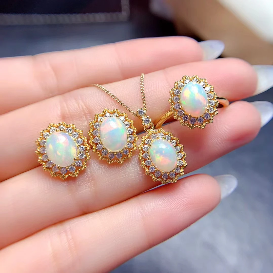 MeiBaPJ 6mm*8mm Natural Opal Sunflower Ring Earrings Necklace Fine Jewelry Set for Women Real 925 Silver 3-Pieces Suite