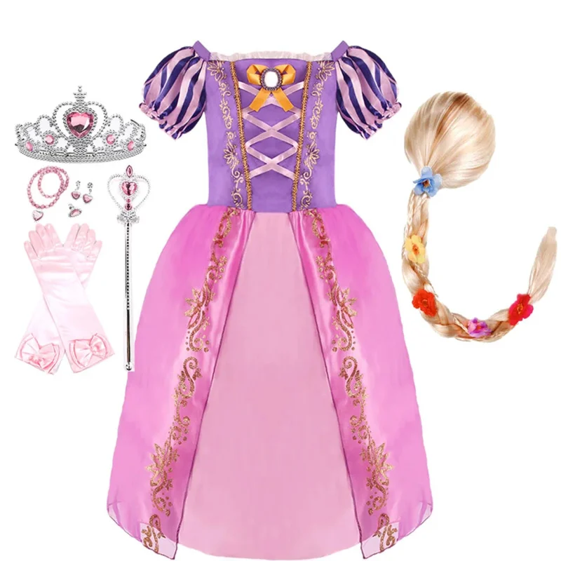 2-8 Years Girls Rapunzel Princess Dress Kids Summer Costume Rapunzel Wig Children Girl Birthday Party Christmas Fancy Costume