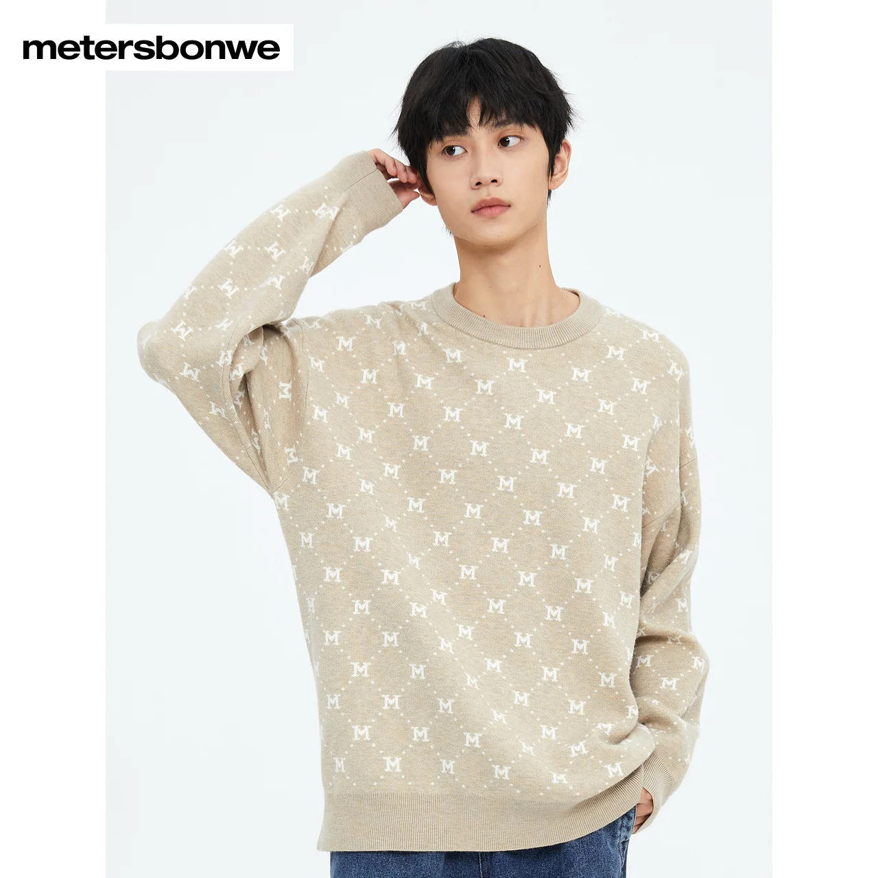 Metersbonwe-Men Long-Sleeved Sweater Jumper Rpund Collar Letter Jacquard  Minimalist Stylish Casual Warm Wear Tops Winter