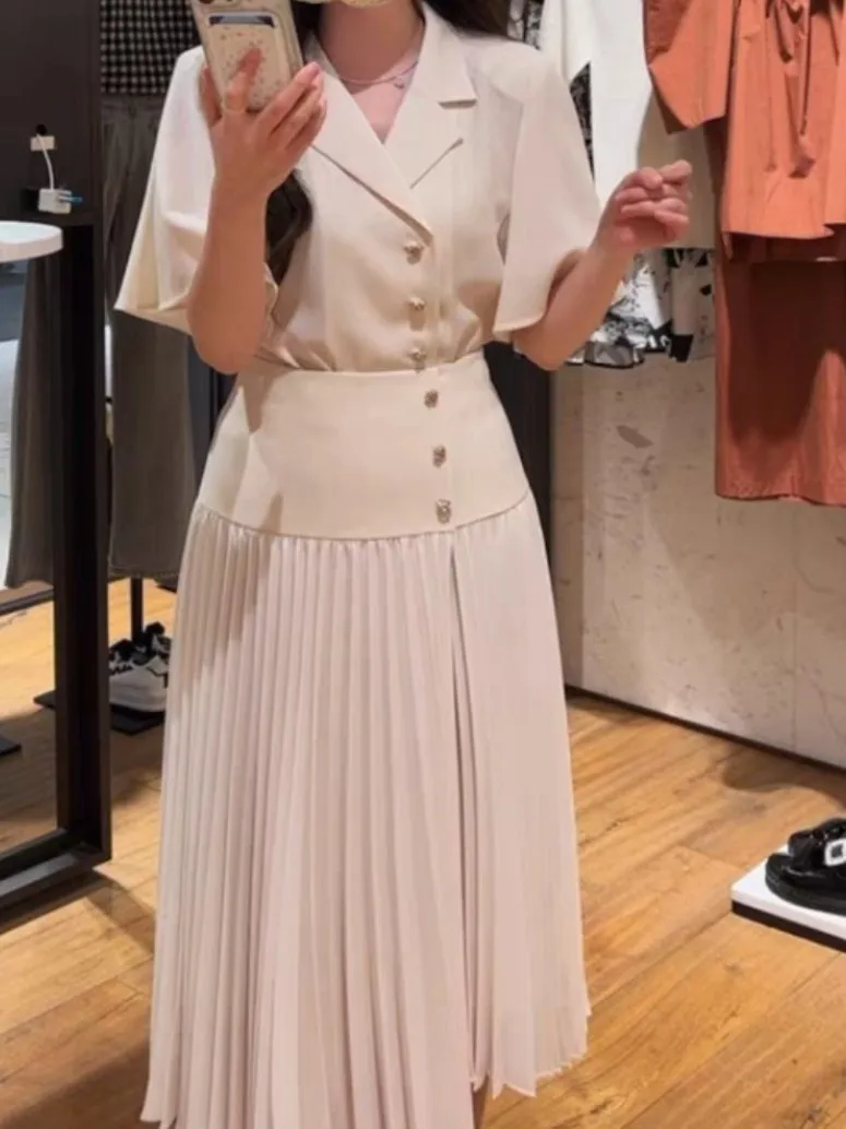 Elegant Short Sleeve Skirt Set Korean Style High Waist Asymmetrical Pleated Midi Skirt Fashionable Spring Summer Outfit for W...