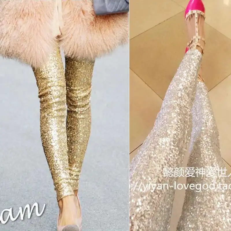 Autumn Winter Sequin Glitter Women 3/4 Leggings Gold Party Club Dance Stage Pants Warm Trousers Pencil Bottoms