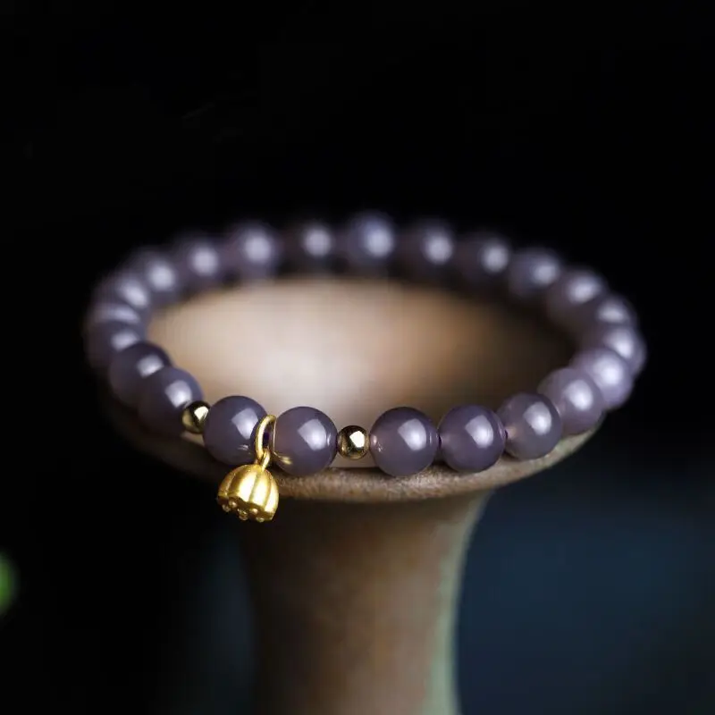 Violeta Natural Hetian Jade alto humo de hielo pulsera de Jade púrpura plata esterlina oro antiguo loto Jade luz cadena de mano de lujo
