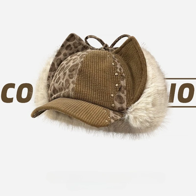 الرجعية ليوبارد طباعة أفخم القط الأذن قبعات البيسبول للنساء في الخريف والشتاء سروال قصير سميك وقبعات منفذها الدافئة #6