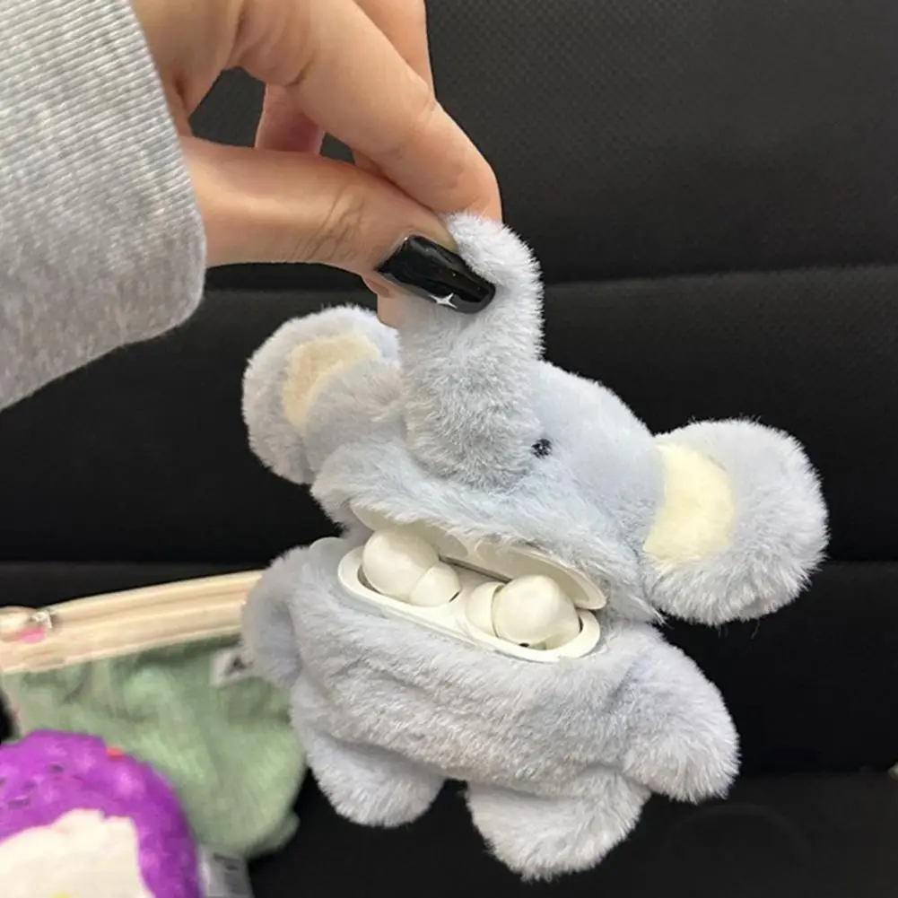 10cm Pluszowe etui na słuchawki Blue Elephant do słuchawek Airpods 3D Cartoon Fur Animal Grey Elephant Dumbo Pokrowiec na słuchawki dla kobiet i dziewcząt