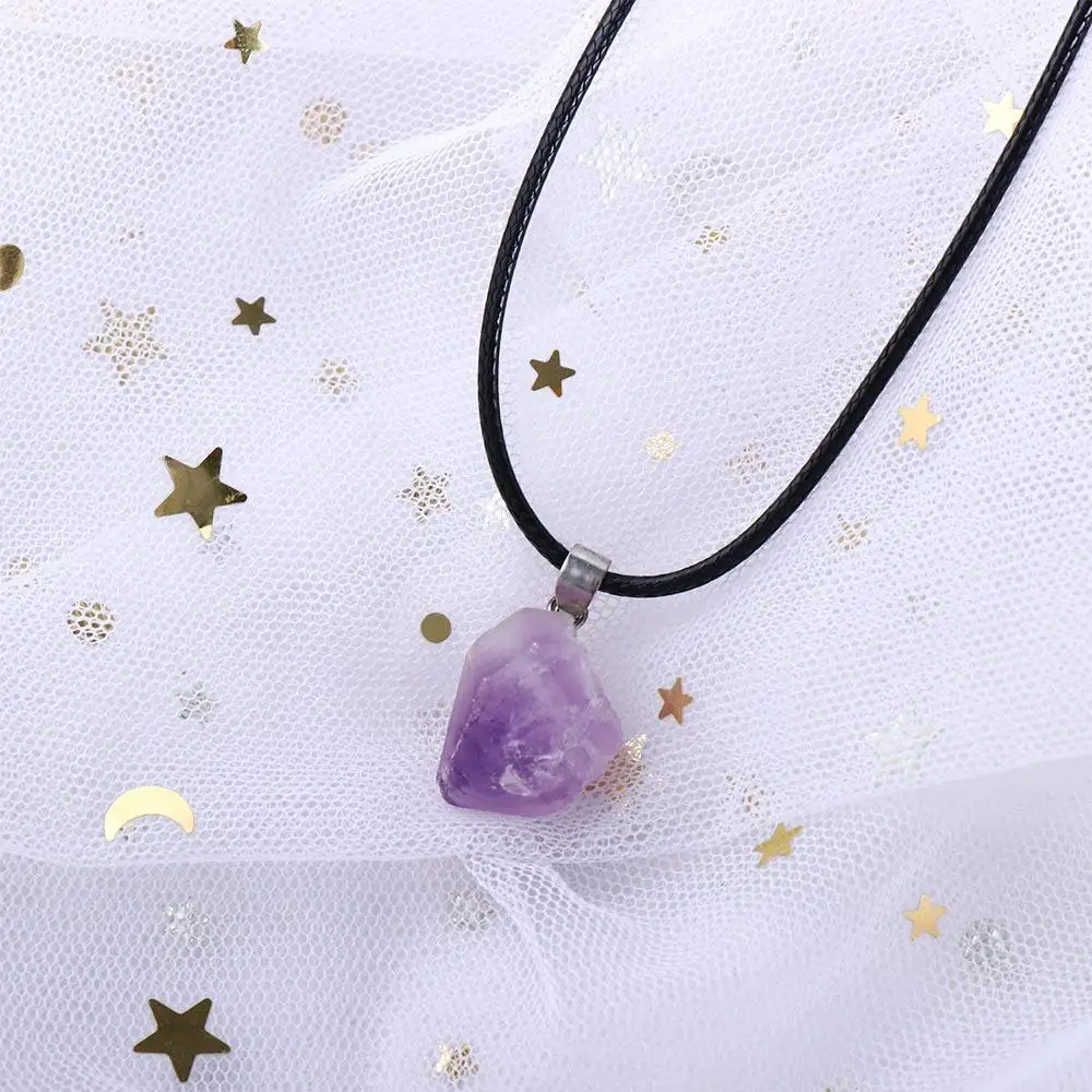 Retro Personality Amethyst Raw Stone Women Men Korean Style Jewelry Female Necklace Geometry Clavicle Chain Crystal Necklace