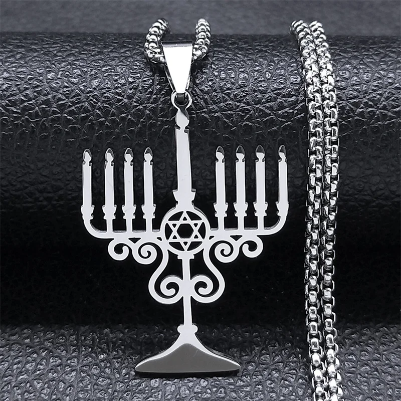 Judaica Israel Lamp Hanukkah Menorah Necklace for Women Men Stainless Steel Silver Color Star of David Necklace Jewelry