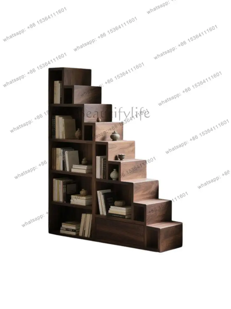 

Floor-to-ceiling shelf minimalist integrated black walnut solid wood trapezoidal bookshelf cabinet