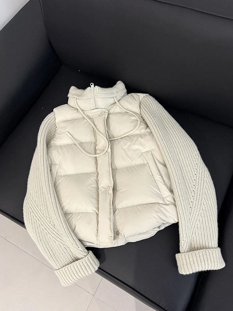 

Winter Knitted Sleeve Splicing Stand Collar Down Jacket Female Warm Zipper Jackets Women White Duck Down Thicken Parker Outwears