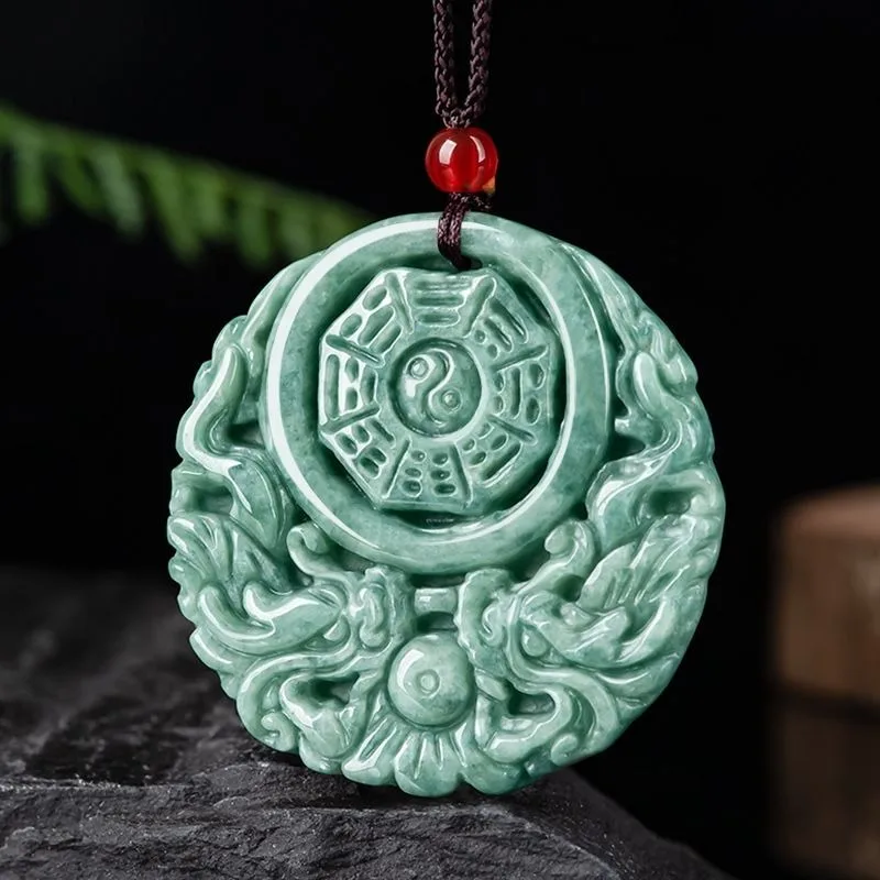 Bean green hollow double dragon gossip antique brand jade stone pendant pendant men and women yu pei