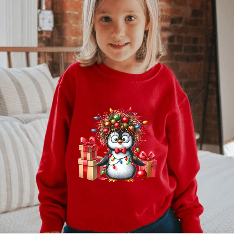 New Christmas Penguin Print Autumn Winter Sweatshirts Kids Long Sleeve Pullover Cartoon Penguin Boys Girls Xmas Party Hoodies