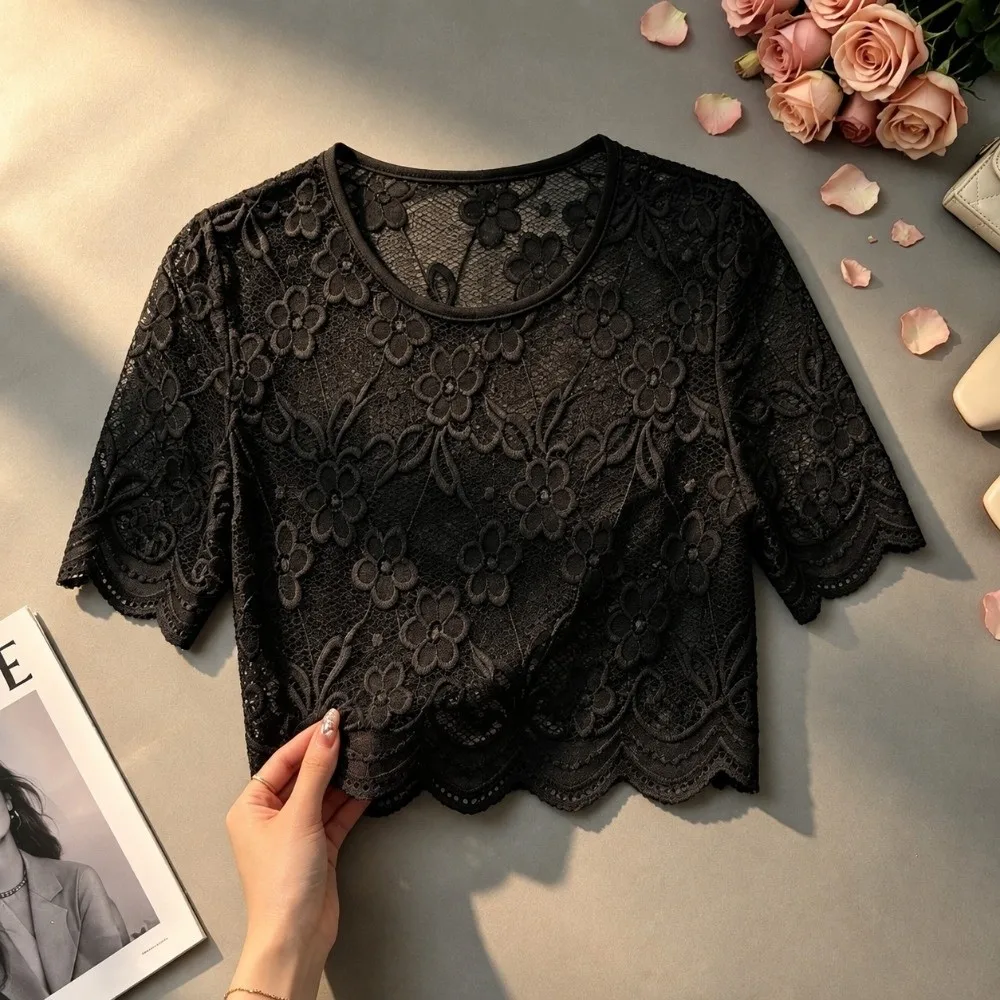 Fashion Nylon Lace Short Sleeve Top Short Sleeve Breathable Hollow Out Layering Tee Thin Light Fabric Sheer Mesh Blouse Women