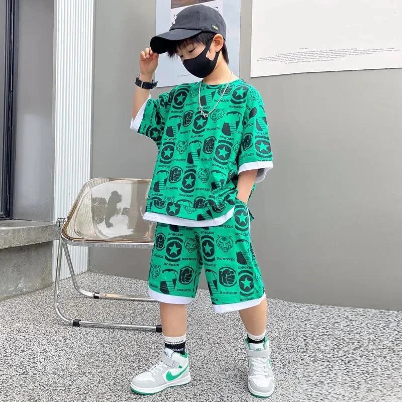 

2023 teenage Boy Set kid clothing Suit Cotton Summer Outing Clothes Top Shorts 2PCS Clothing for Children's 8 10 12 14 years