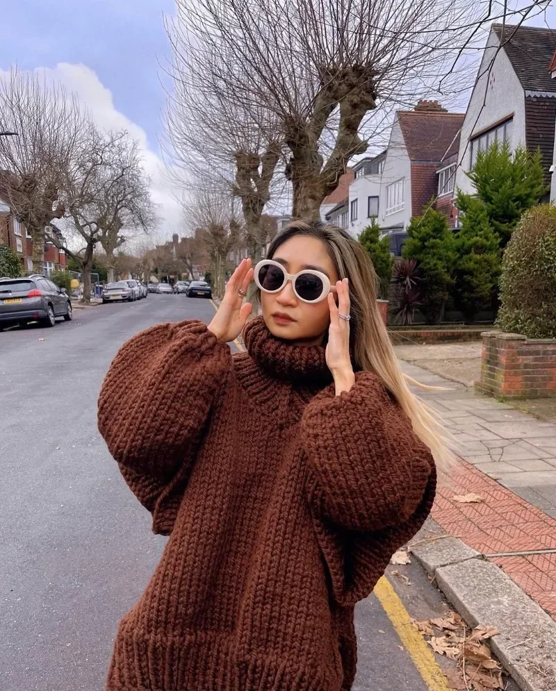 Autumn Vintage Women Turtleneck Sweater Casual Solid Oversized Lantern Sleeve Pullover Thick Warm Loose Knitwear Tops Streetwear