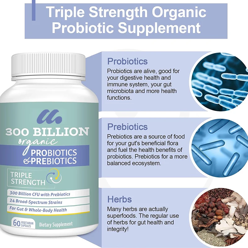 300 billion CFU probiotics, 24 strains of probiotics containing 15 organic herbal prebiotics mixed with probiotic supplements