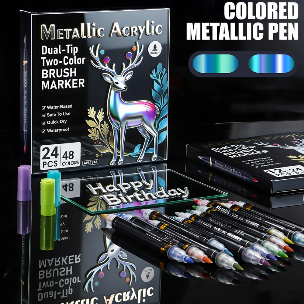 

6-24 Pcs Dual Ended Metallic Acrylic Marker Two-color Touch-up Pen Waterproof Permanent for DIY Craft Drawing Graffiti Art