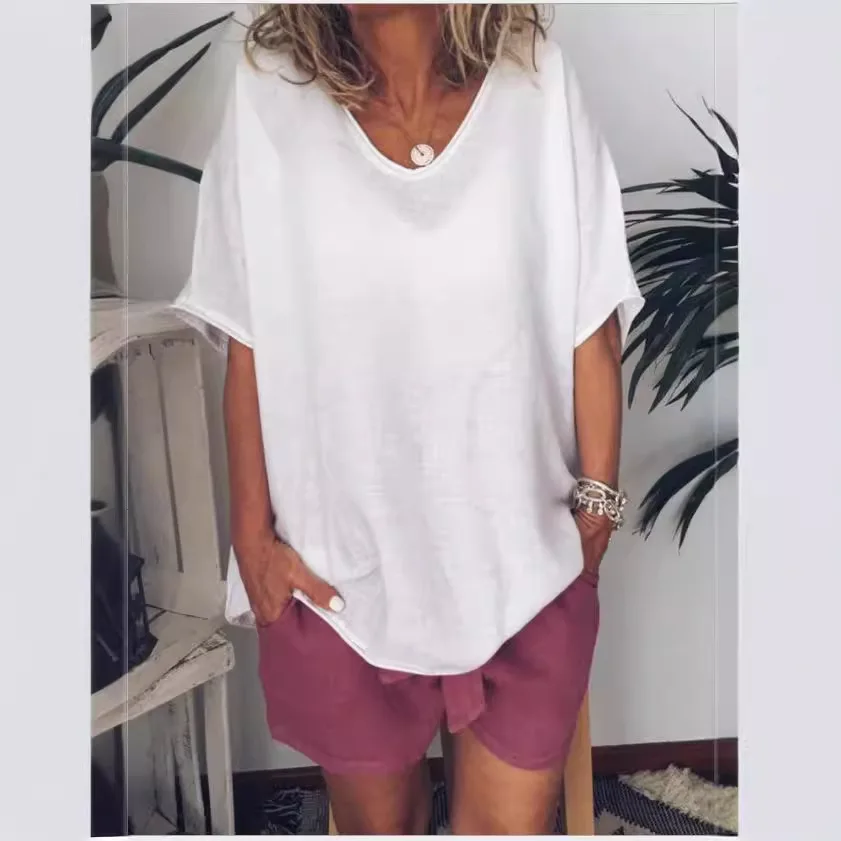 

Women's Casual Cotton Linen T-shirt Solid Color Loose Round Neck Summer Short Sleeved Pullover Commuting Style T-shirt
