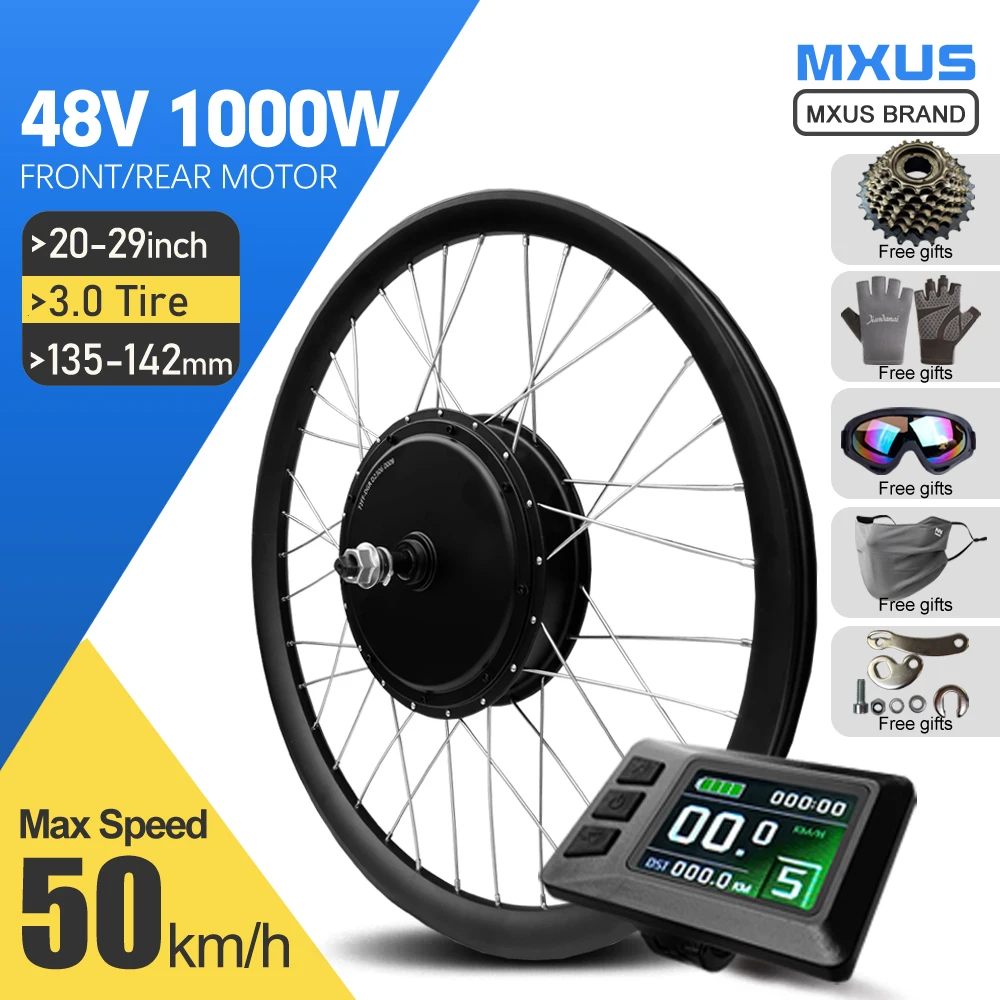 MXUS Electric Bike Coversion Kit 48V 1000W 3.0tire Front Rear Brusheless Gearless Hub Motor Wheel 20-29inch 700C For ebike Kit