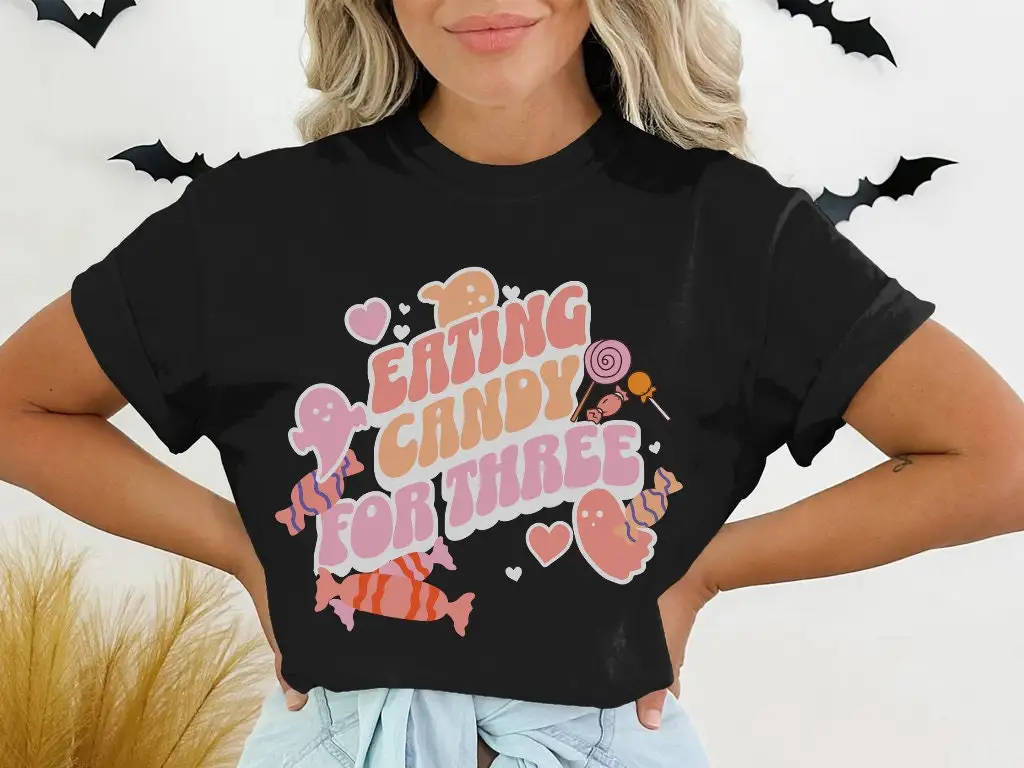 Eating Candy For Three T Shirt Halloween Pregnancy Announcement Fall Maternity Funny Twins Baby Reveal October