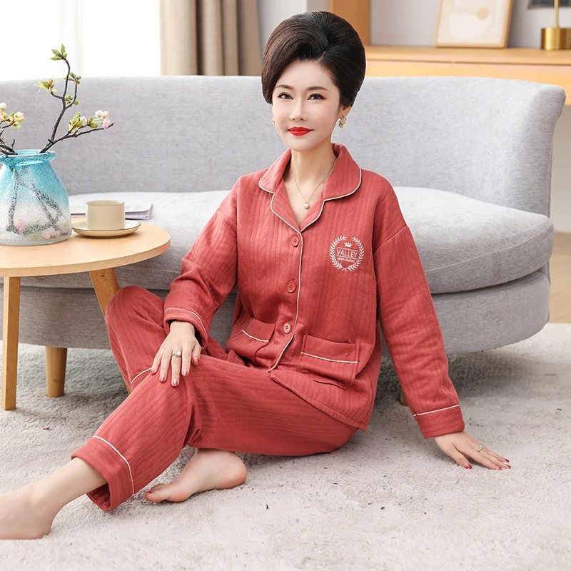 Women air clip cotton pijama winter three-layers pyjama ladies turn-down collar sleepwear thick warm sleepwear