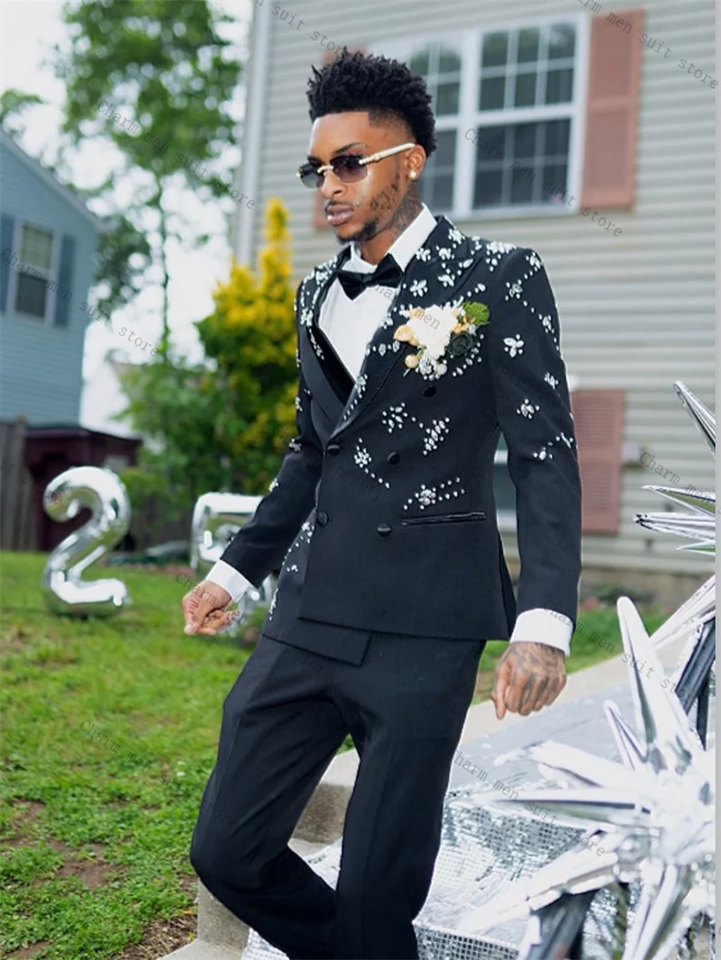 

Luxury Crystals Black Men Suits Set 2 Pcs Black Blazer+Pants Trousers Wedding Tuxedo Cotton Formal Office Customized Jacket Coat