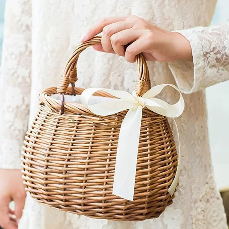 Rattan Bag Home Camping Storage Bag Shopping Tote Furit Flowers Sundries Bucket Ladies Drawstring Pouch Handmade Basket