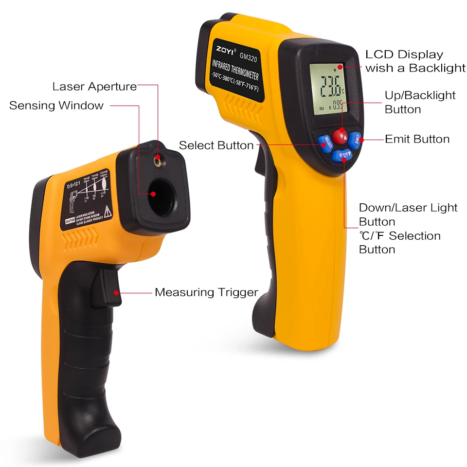 Digital Infrared Thermometer Laser Temperature Meter Non-contact Pyrometer Imager Hygrometer IR Termometro Color LCD Light Alarm