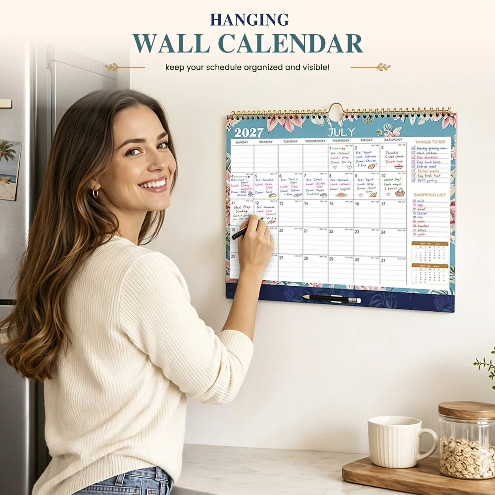 2027 Wall Calendar 12 Month Jan-dec Monthly Planner Large Writing Grid Back Pocket Pencil Holder Holiday Markers Home Office