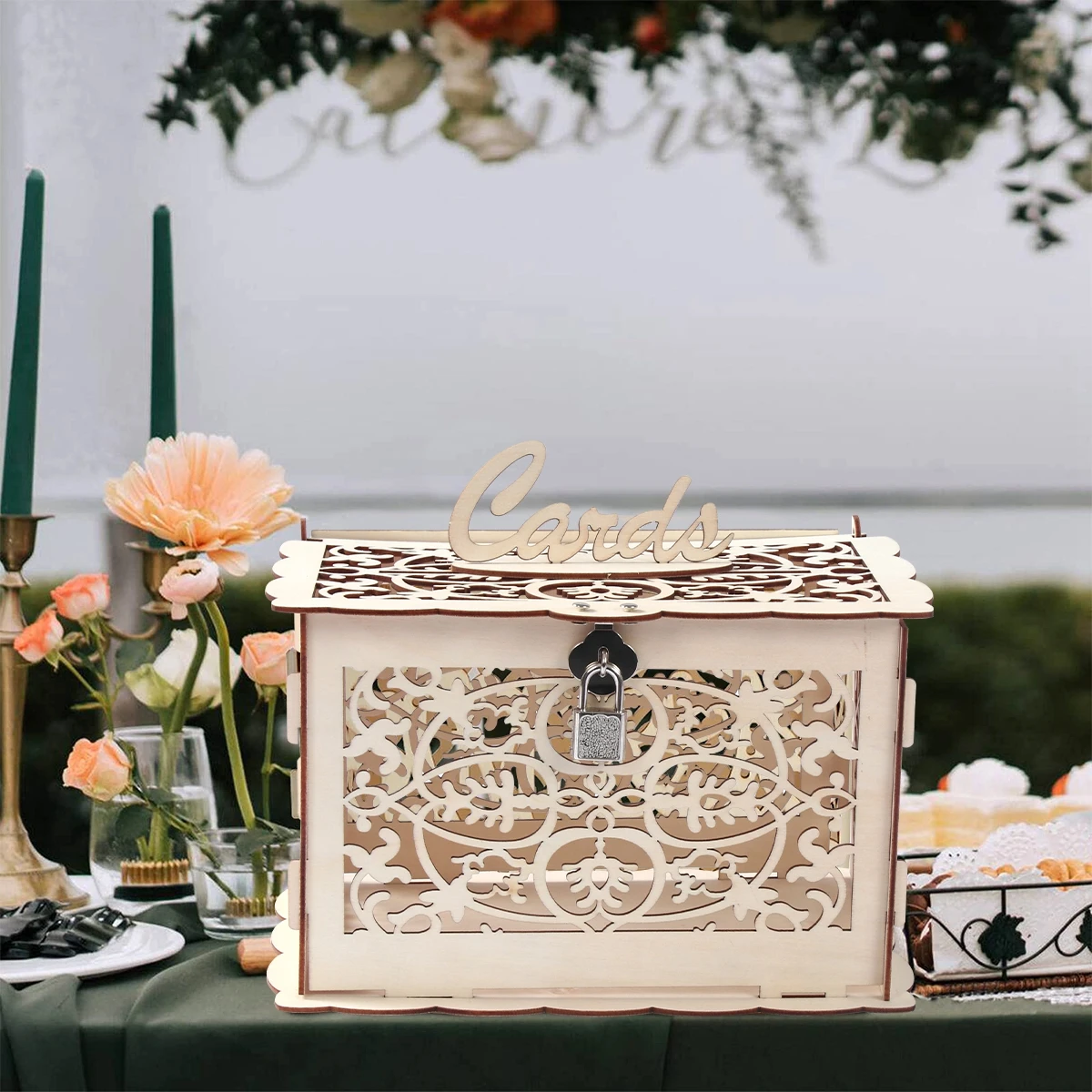 Cajas de madera para tarjetas de regalo de boda con cerradura, patrón de flores de Mr & mrs. pareja, tarjetas de letrero de sobre, caja de madera,