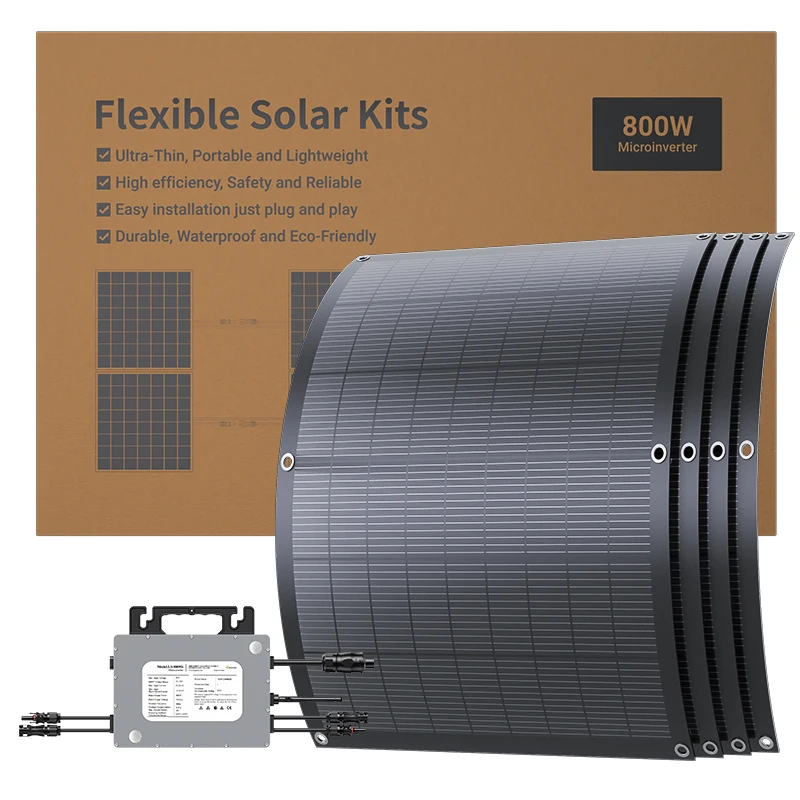 800W Balcony Solar Complete Set, 4pcs 200W Flexible Panel 800W Grid Tie Micro Inverter